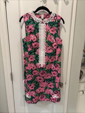 Lilly Pulitzer Pink and Green Floral Sleeveless Shift Dress with White Trim